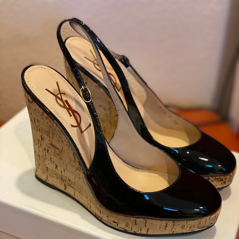 AuthenticYSL Black Patent Leather sling cork wedge